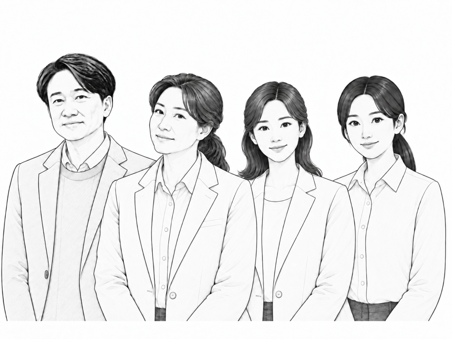 왼쪽부터 연구소장, 연구팀장, 교육팀장, 출판팀장이 나란히 서 있는 선화