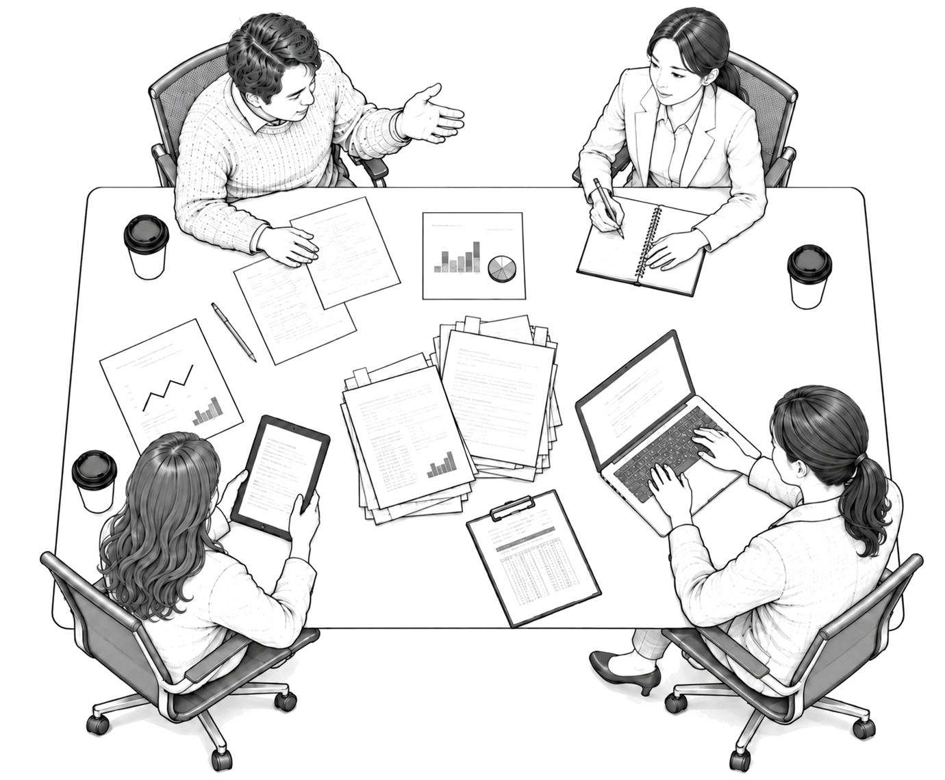 네 사람이 회의 테이블에서 공공언어 자료를 함께 검토하는 모습